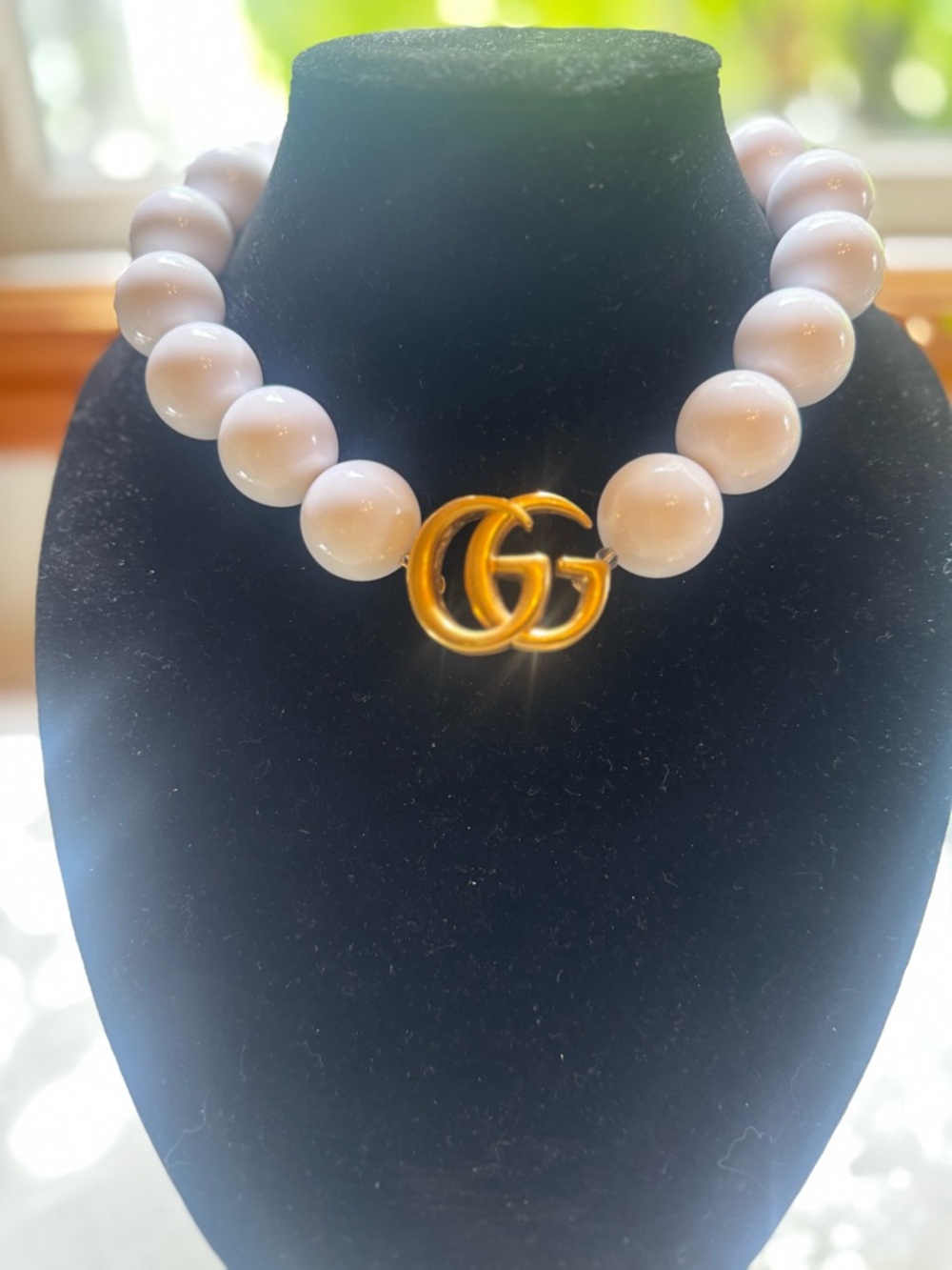 large white bead Necklace with Gold Double G Charm
